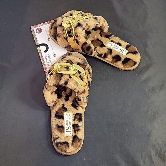 NEW JESSICA SIMPSON WOMEN'S FAUX FUR CHAIN LINK EMBELLISHED SLIDE SLIPPERS - Picture 8 of 12